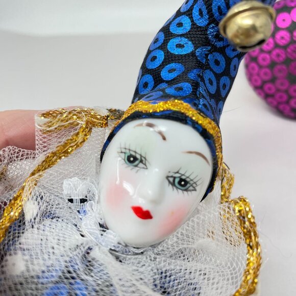 Pin Cushion Harlequin‎ Clowns SET OF 2 Porcelain Painted Face Pierrette Jester - Picture 9 of 10